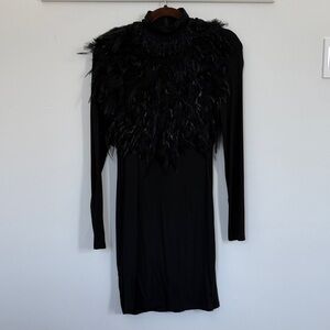 Gracia Elegant Black Feathered Long Sleeve Dress